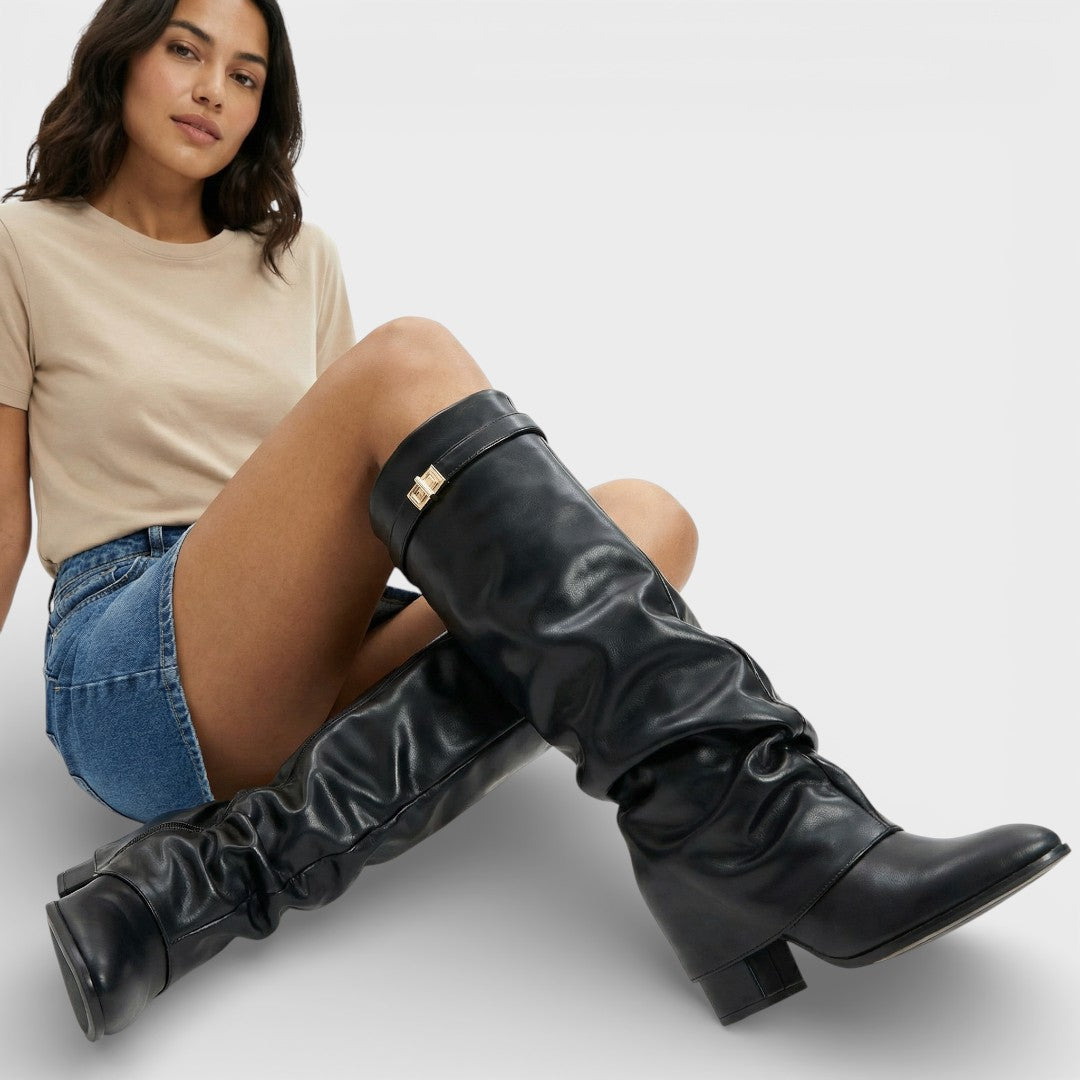 Ruched Pointed Toe Knee High Boots — knee high boots for women in beige