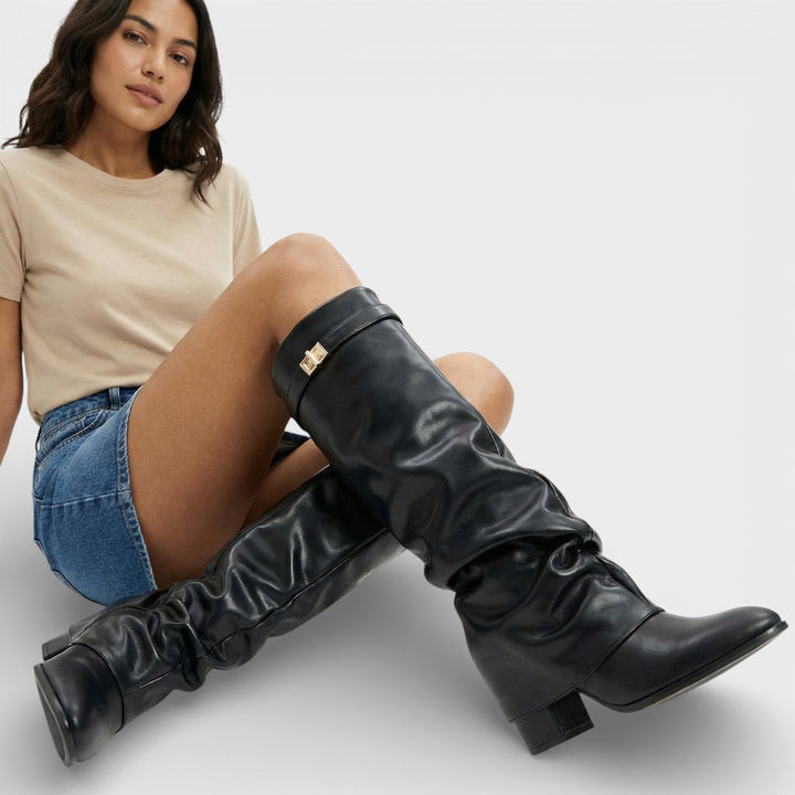 Ruched Pointed Toe Knee High Boots — knee high boots for women in beige