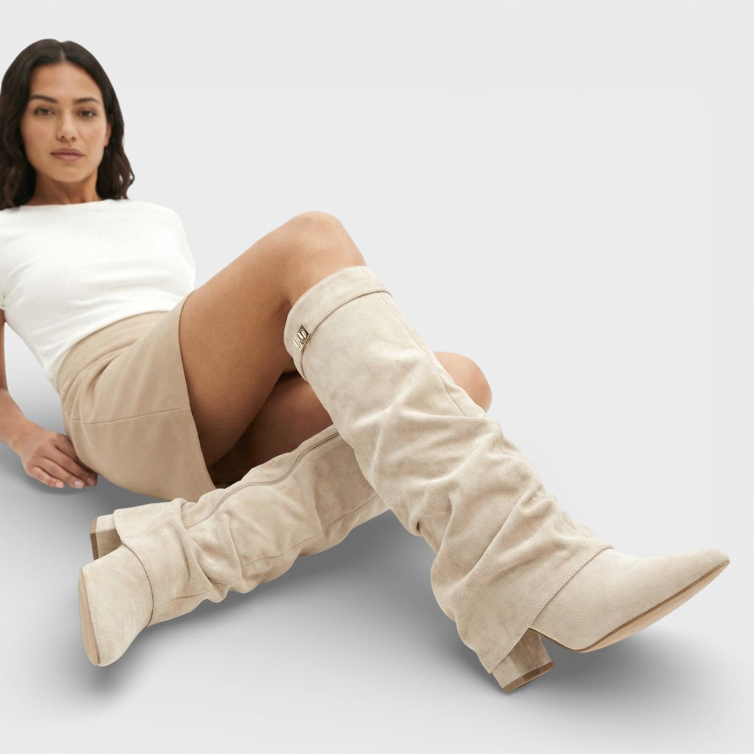 Ruched Pointed Toe Knee High Boots — knee high boots for women in light brown
