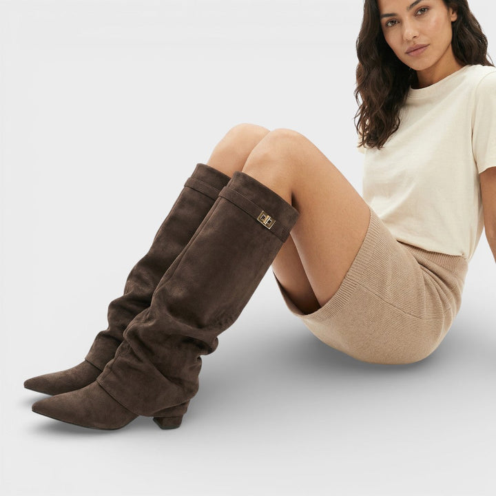 Ruched Pointed Toe Knee High Boots — knee high boots for women in dark brown