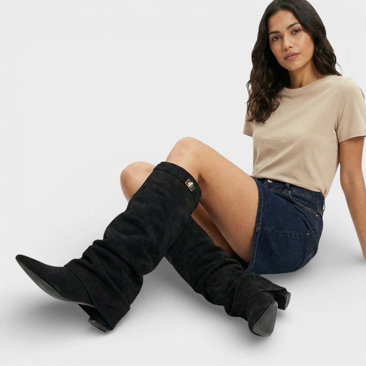 Ruched Pointed Toe Knee High Boots — knee high boots for women in black skin
