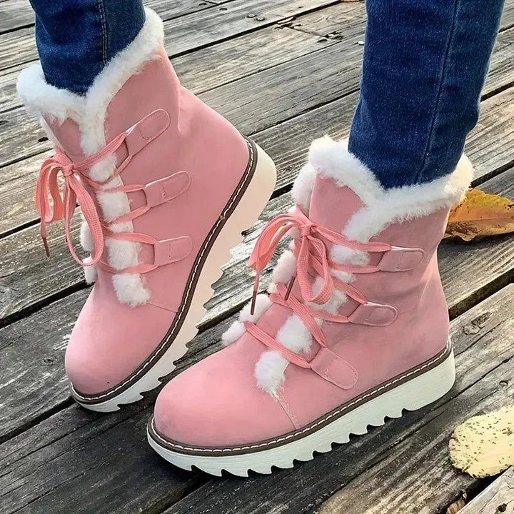 Lace Up Plush Lined Winter Boots — winter boots for women in pink