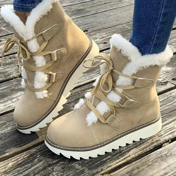 Lace Up Plush Lined Winter Boots — winter boots for women in beige