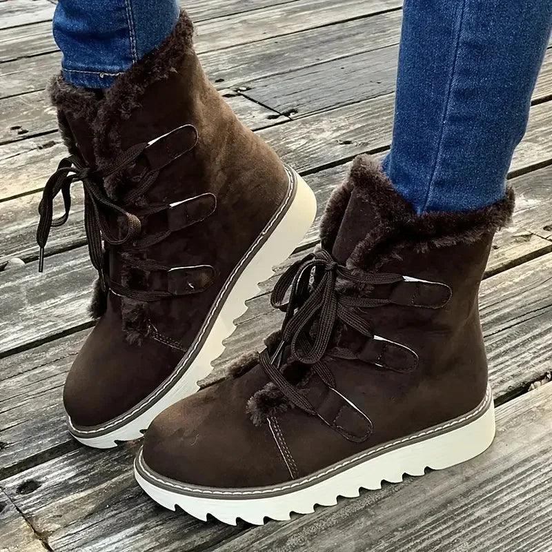 Lace Up Plush Lined Winter Boots — winter boots for women in brown