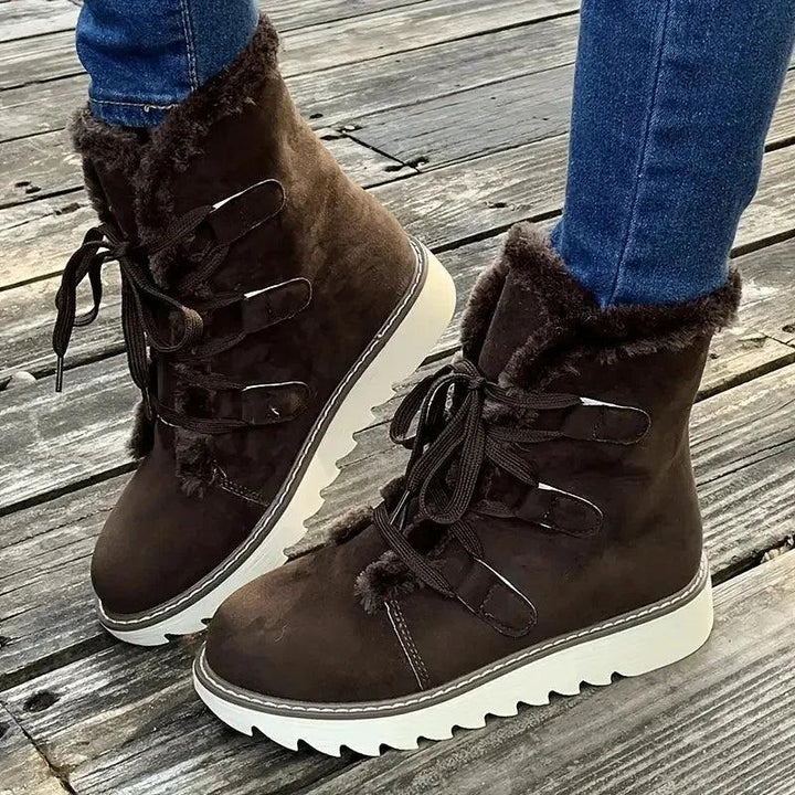Lace Up Plush Lined Winter Boots — winter boots for women in brown