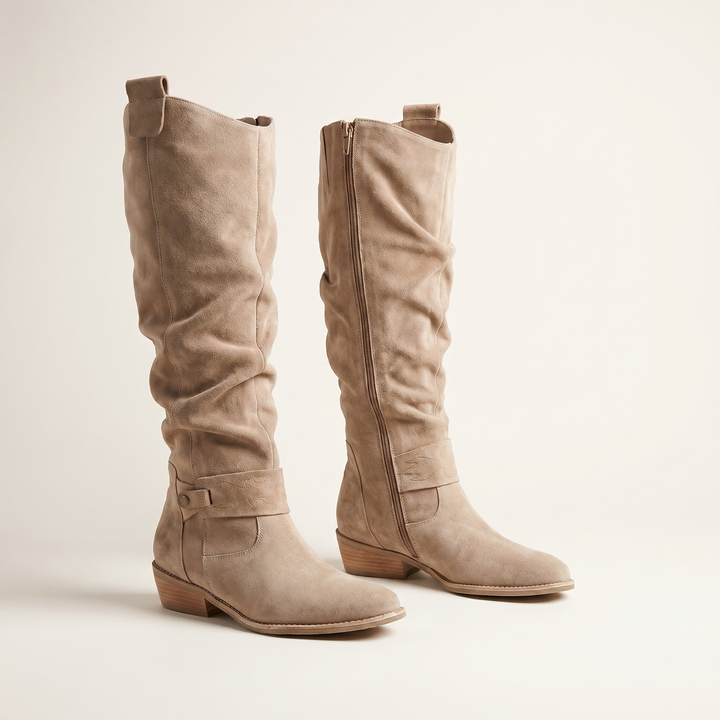 Slouch Suede Knee High Boots — knee high boots for women in beige