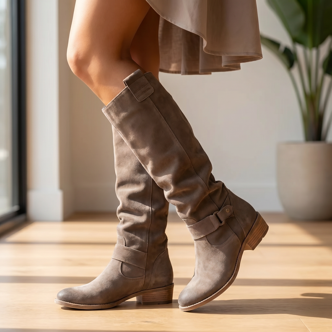 Slouch Suede Knee High Boots — knee high boots for women in taupe
