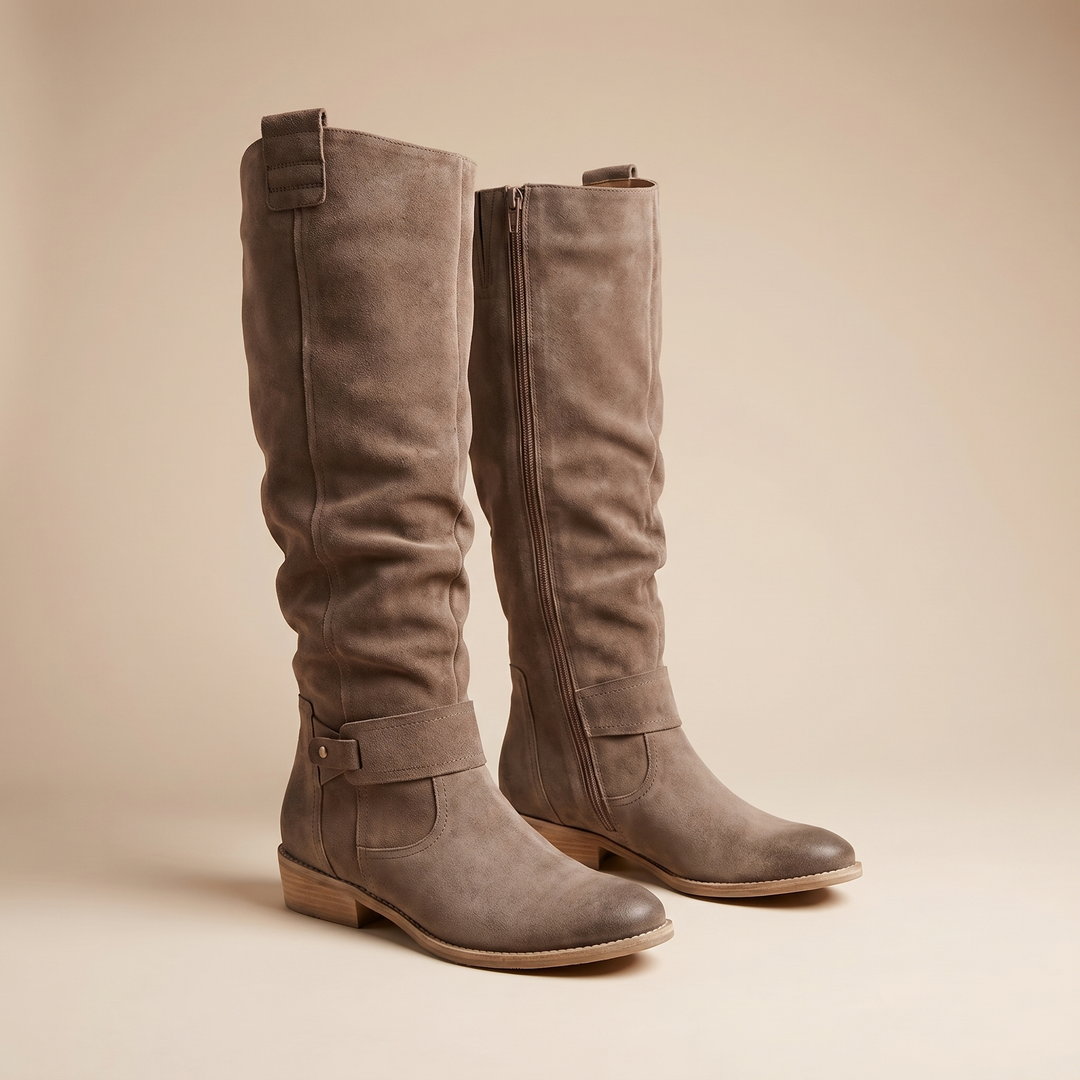 Slouch Suede Knee High Boots — knee high boots for women in taupe