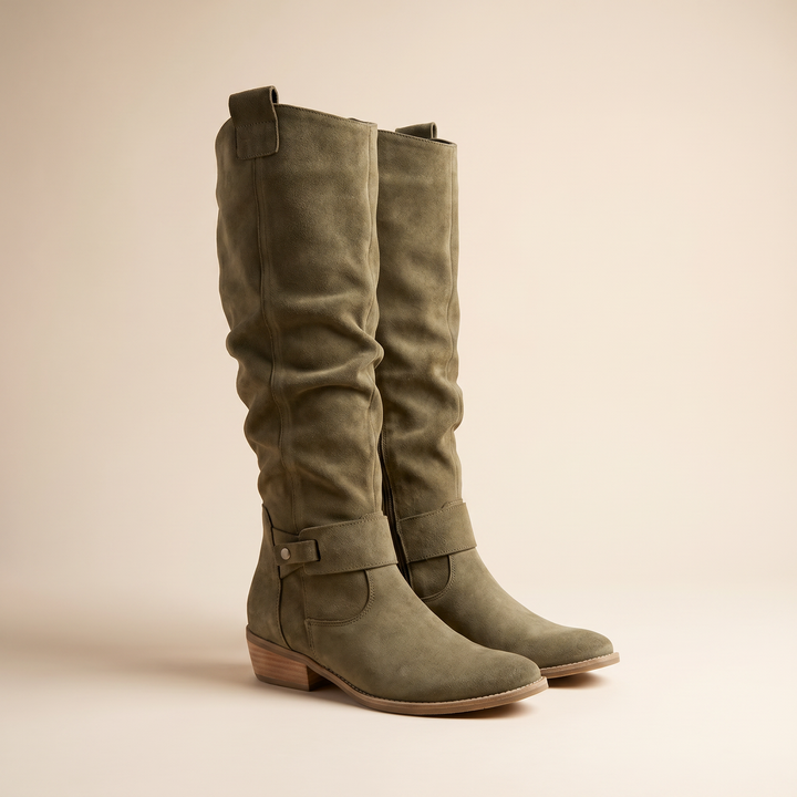 Slouch Suede Knee High Boots — knee high boots for women in dark green