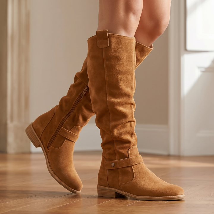 Slouch Suede Knee High Boots — knee high boots for women in light brown