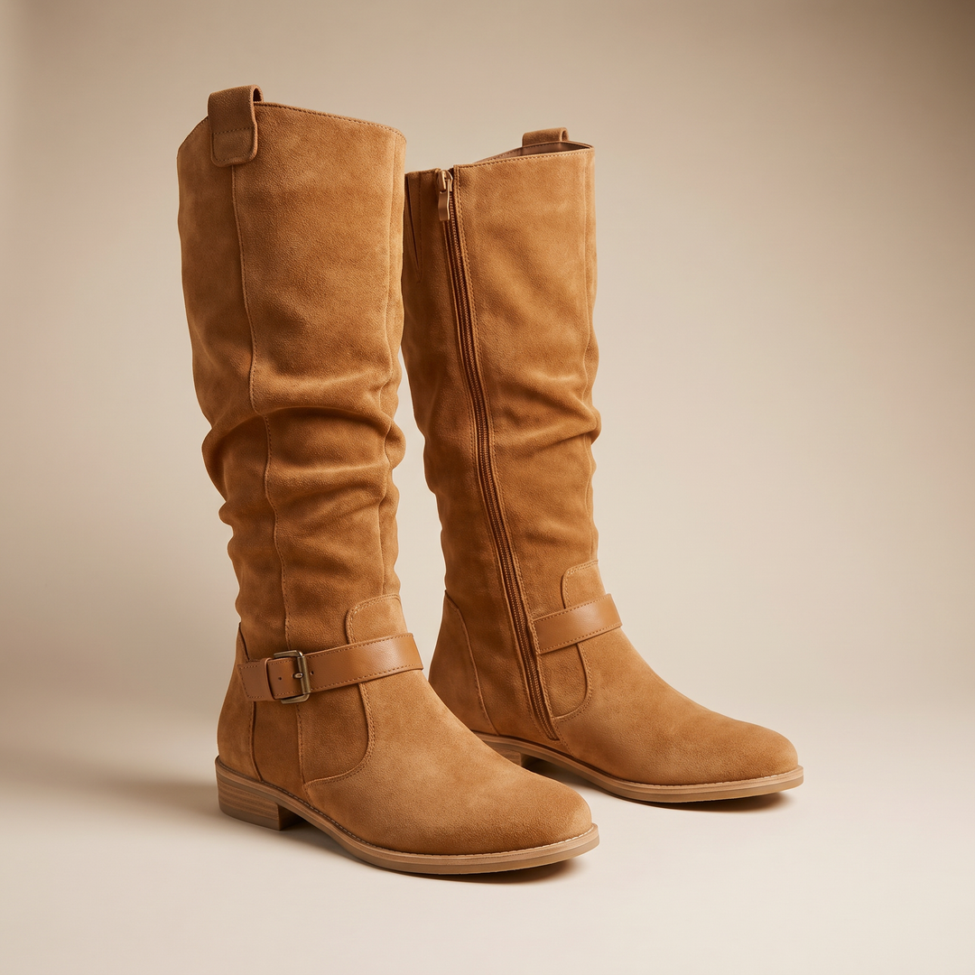 Slouch Suede Knee High Boots — knee high boots for women in light brown