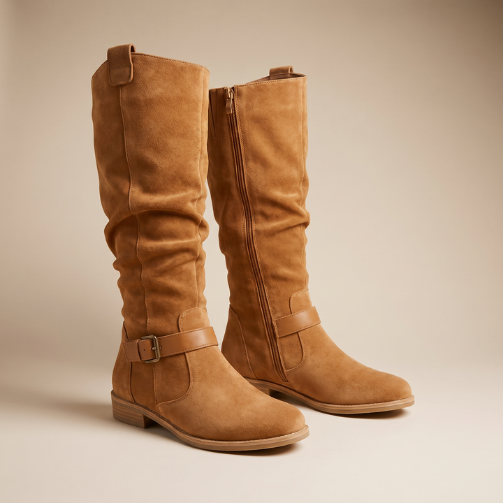 Slouch Suede Knee High Boots — knee high boots for women in light brown