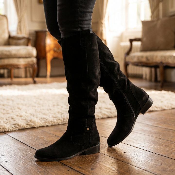 Slouch Suede Knee High Boots — knee high boots for women in black