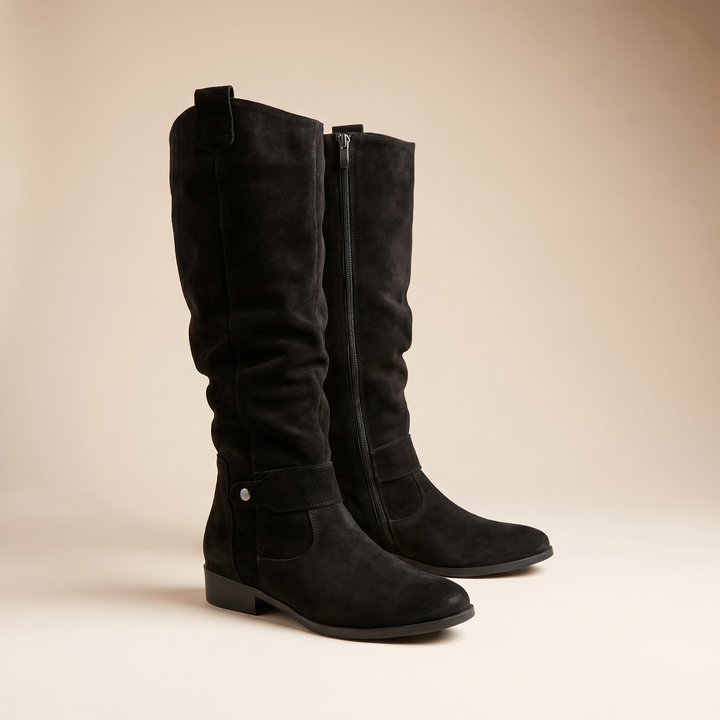 Slouch Suede Knee High Boots — knee high boots for women in dark brown