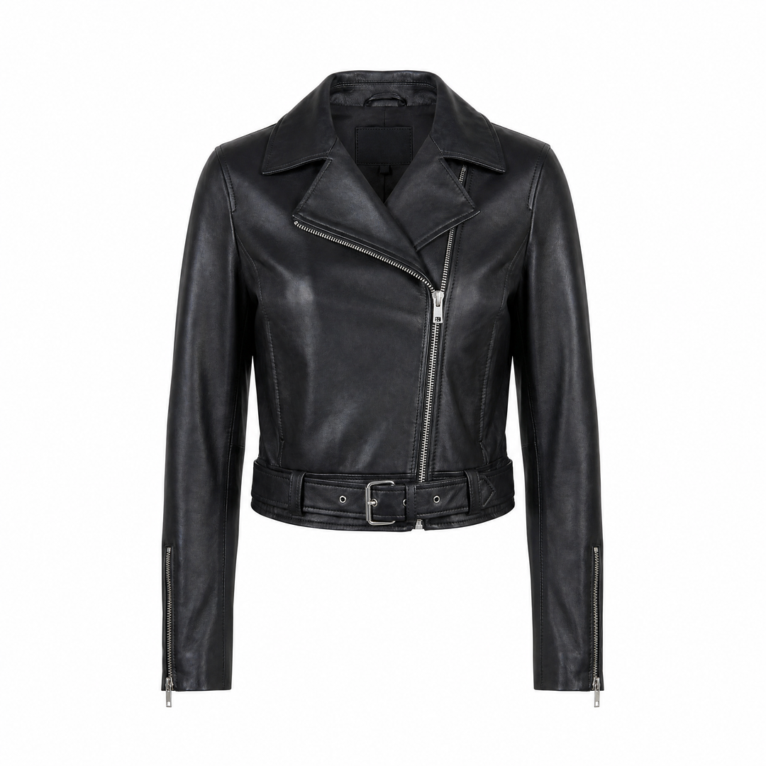 Emma | Women's Elegant Cropped Leather Moto Jacket - front view