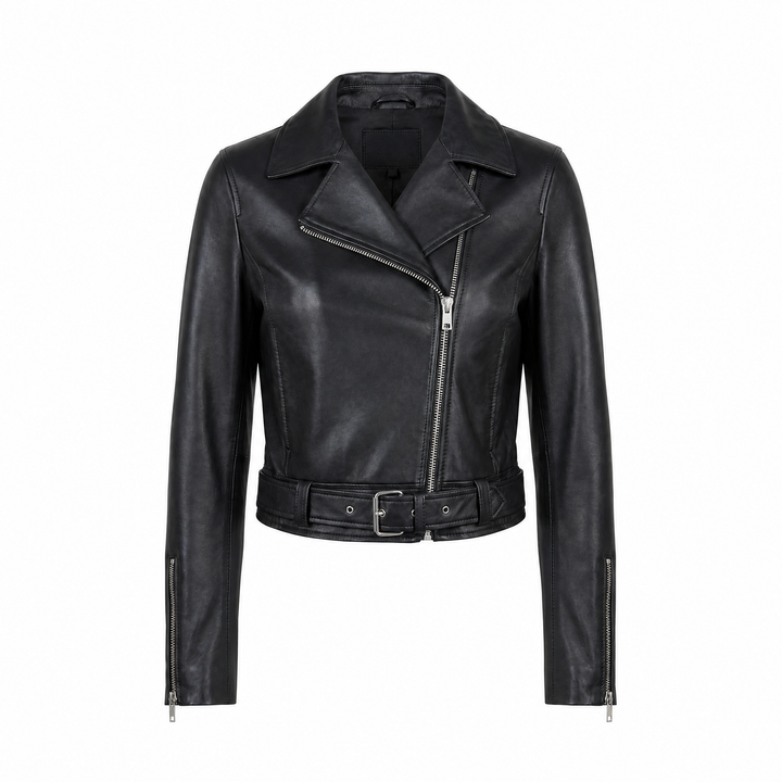 Emma | Women's Elegant Cropped Leather Moto Jacket - front view