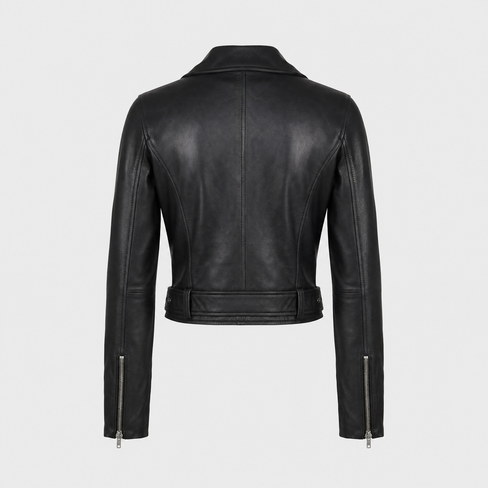 Emma | Women's Elegant Cropped Leather Moto Jacket - back view
