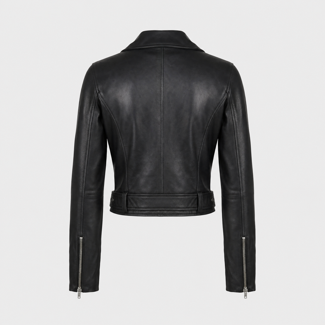 Emma | Women's Elegant Cropped Leather Moto Jacket - back view