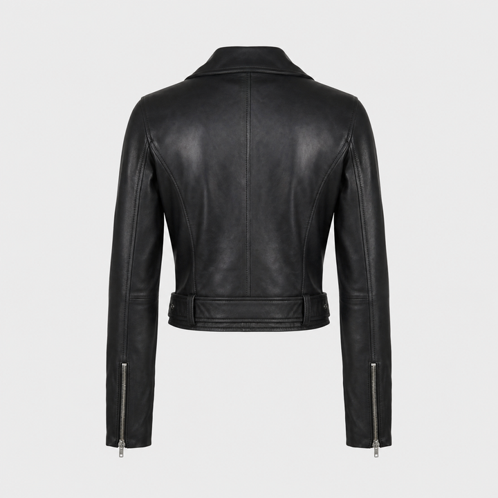 Emma | Women's Elegant Cropped Leather Moto Jacket - back view