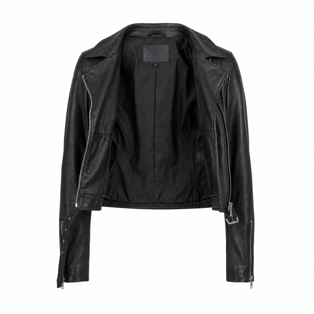 Emma | Women's Elegant Cropped Leather Moto Jacket - open view