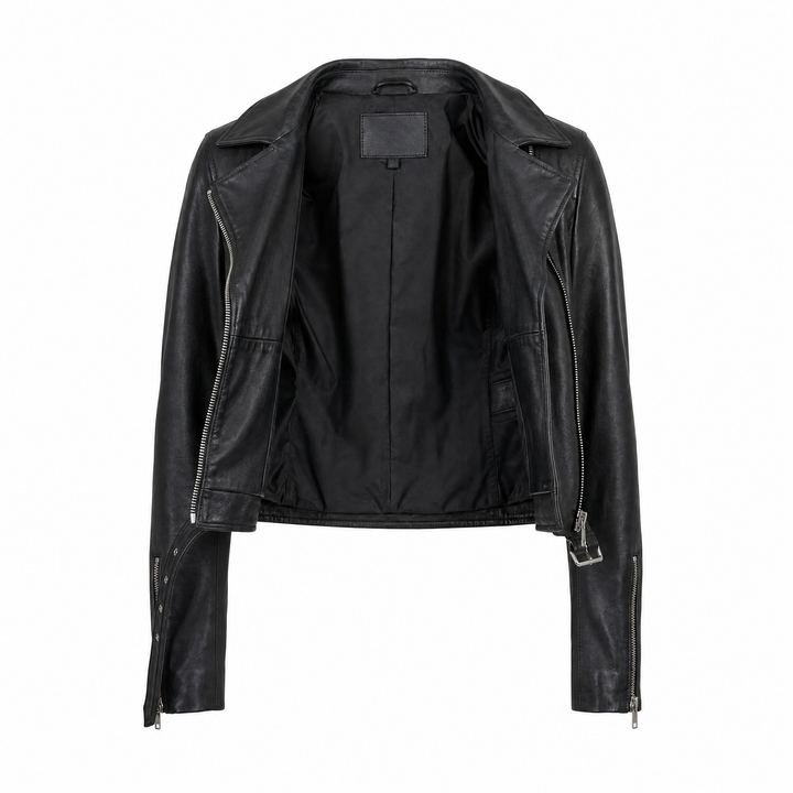 Emma | Women's Elegant Cropped Leather Moto Jacket - open view