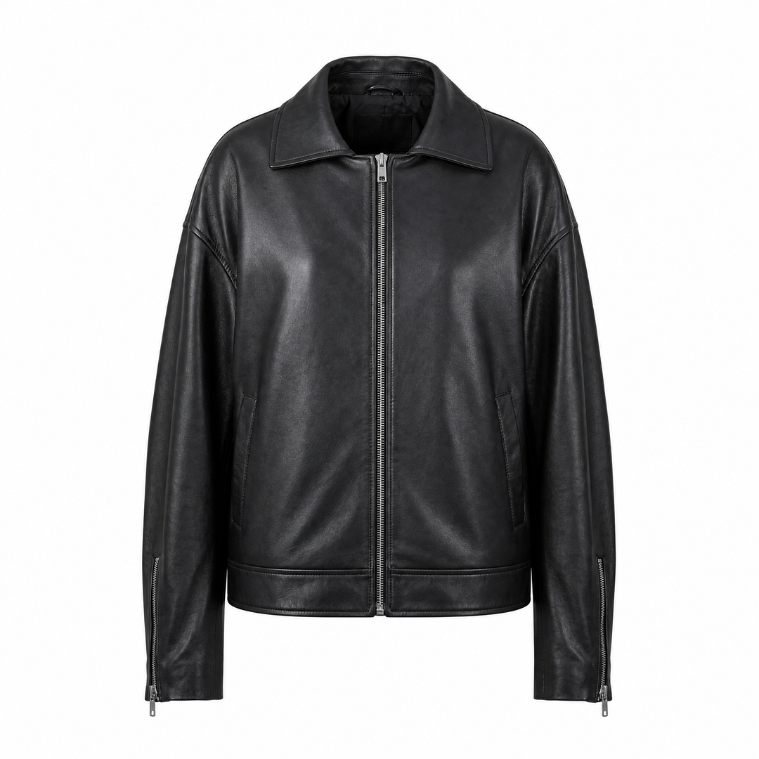 Olivia | Women's Relaxed Oversized Leather Biker Jacket - front view