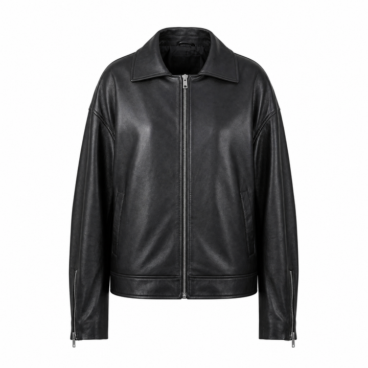 Olivia | Women's Relaxed Oversized Leather Biker Jacket - front view