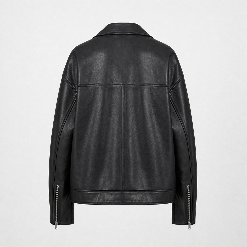 Olivia | Women's Relaxed Oversized Leather Biker Jacket - back view