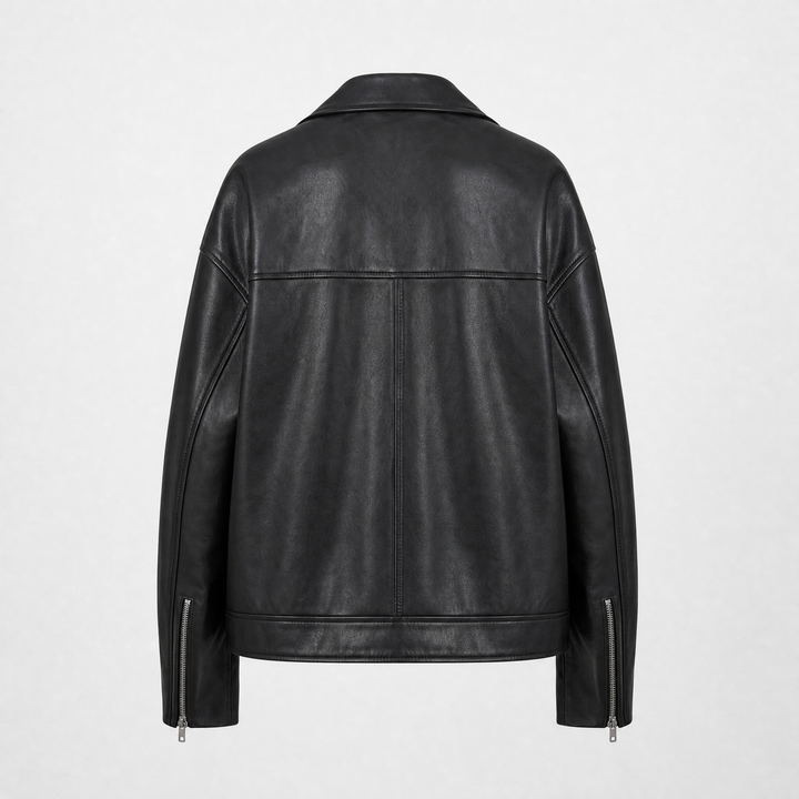 Olivia | Women's Relaxed Oversized Leather Biker Jacket - back view