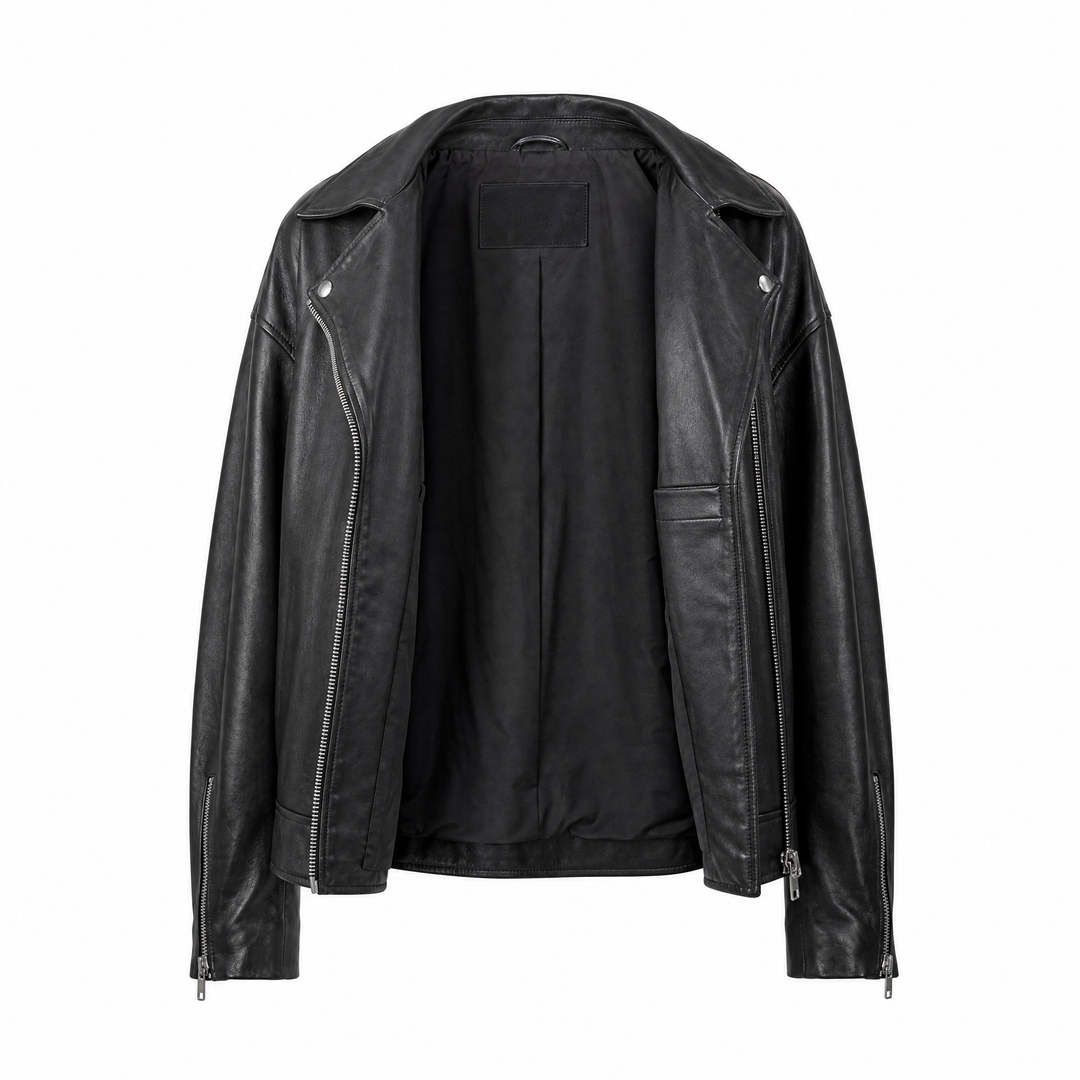 Olivia | Women's Relaxed Oversized Leather Biker Jacket - open view