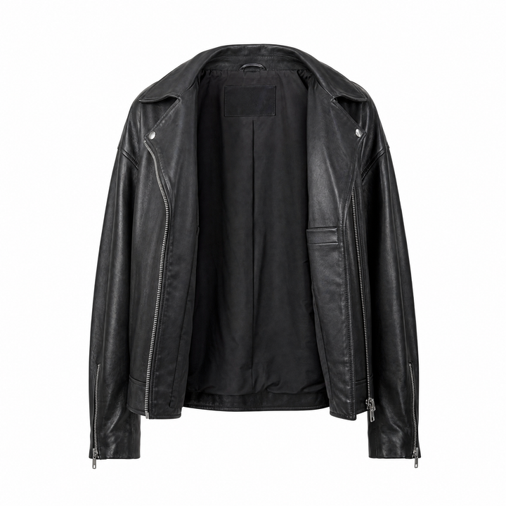 Olivia | Women's Relaxed Oversized Leather Biker Jacket - open view