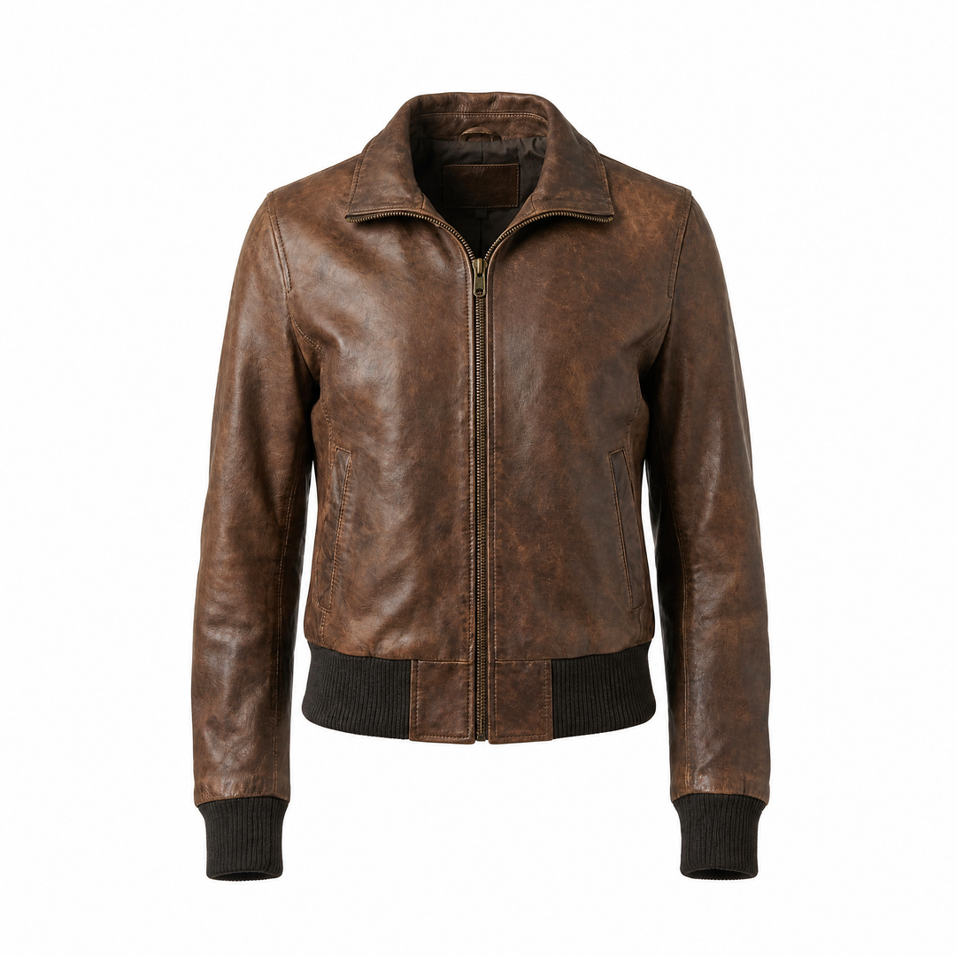 Charlotte | Women's Vintage Brown Leather Bomber Jacket - front view