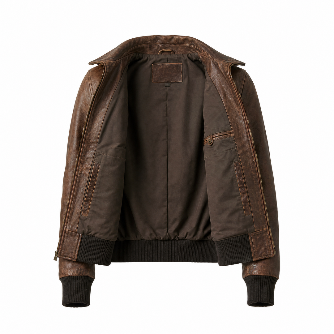 Charlotte | Women's Vintage Brown Leather Bomber Jacket - open view
