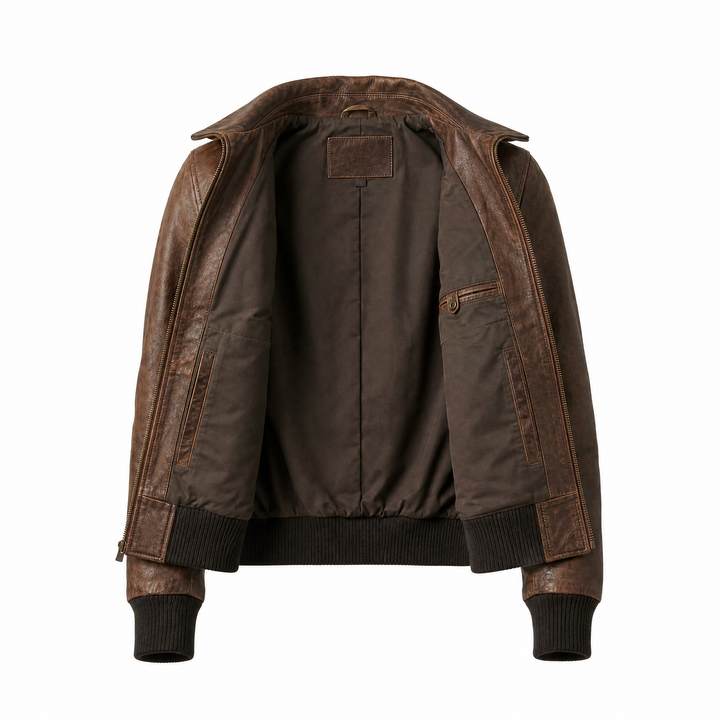 Charlotte | Women's Vintage Brown Leather Bomber Jacket - open view