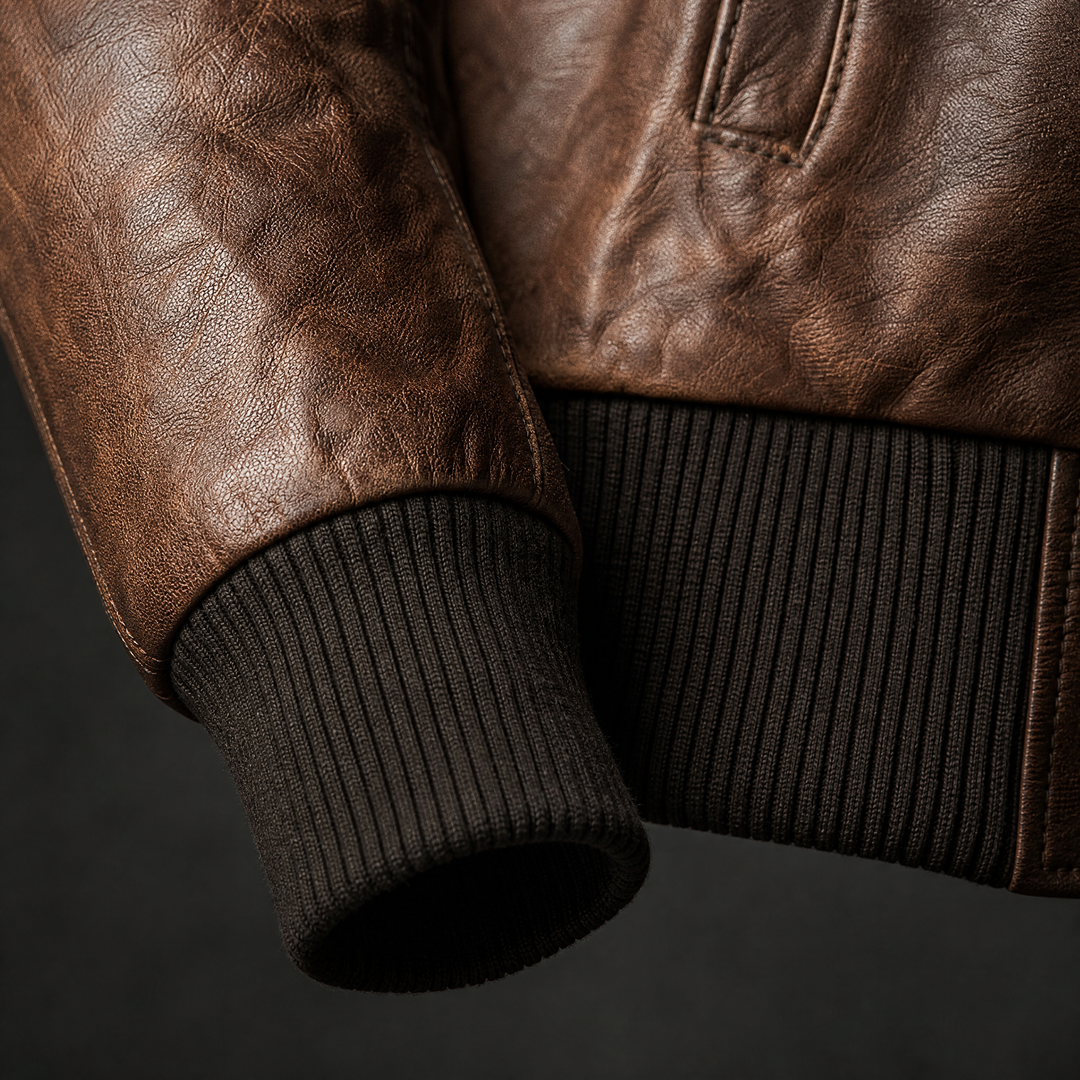 Charlotte | Women's Vintage Brown Leather Bomber Jacket - detail view