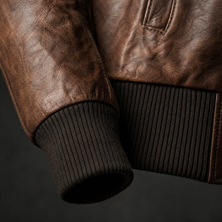 Charlotte | Women's Vintage Brown Leather Bomber Jacket - detail view