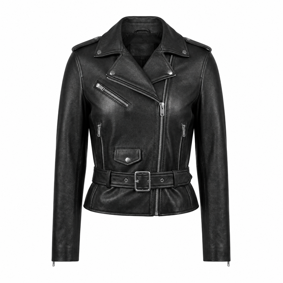 Sophie | Women's Classic Belted Leather Biker Jacket - front view