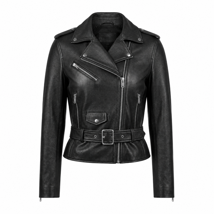 Sophie | Women's Classic Belted Leather Biker Jacket - front view