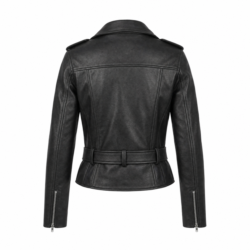 Sophie | Women's Classic Belted Leather Biker Jacket - back view