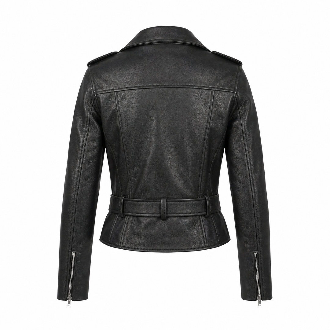 Sophie | Women's Classic Belted Leather Biker Jacket - back view
