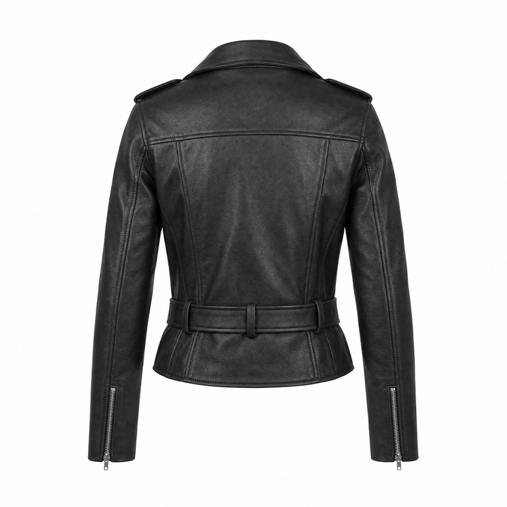 Sophie | Women's Classic Belted Leather Biker Jacket - back view