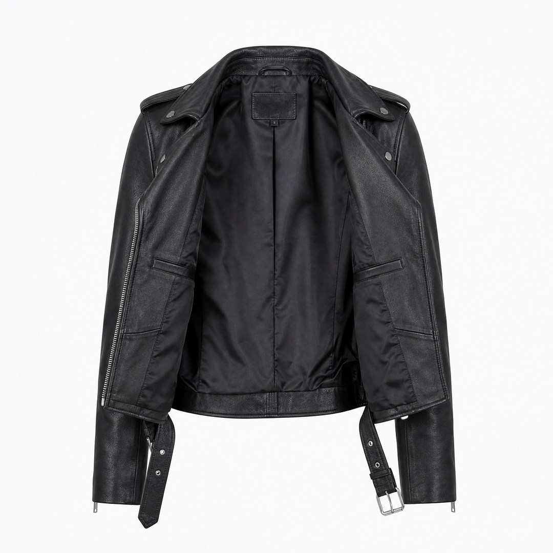 Sophie | Women's Classic Belted Leather Biker Jacket - open view