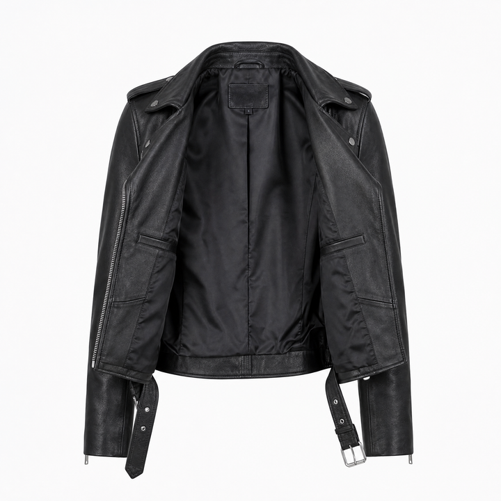 Sophie | Women's Classic Belted Leather Biker Jacket - open view