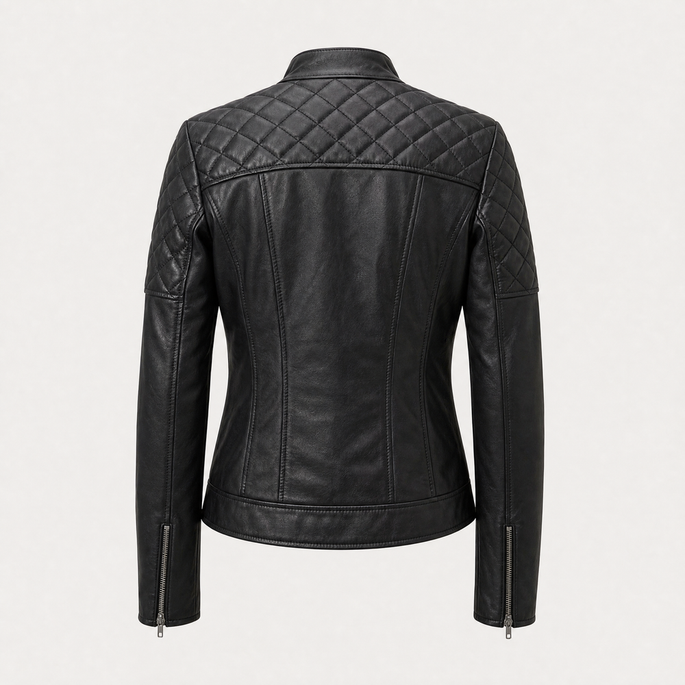 Grace | Women's Stylish Quilted Leather Moto Jacket - back view
