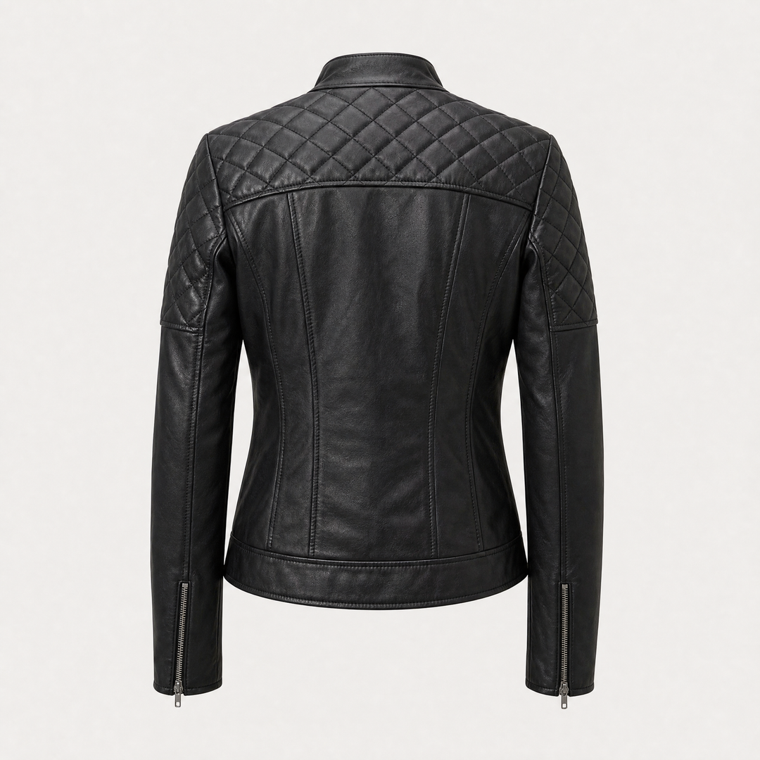Grace | Women's Stylish Quilted Leather Moto Jacket - back view