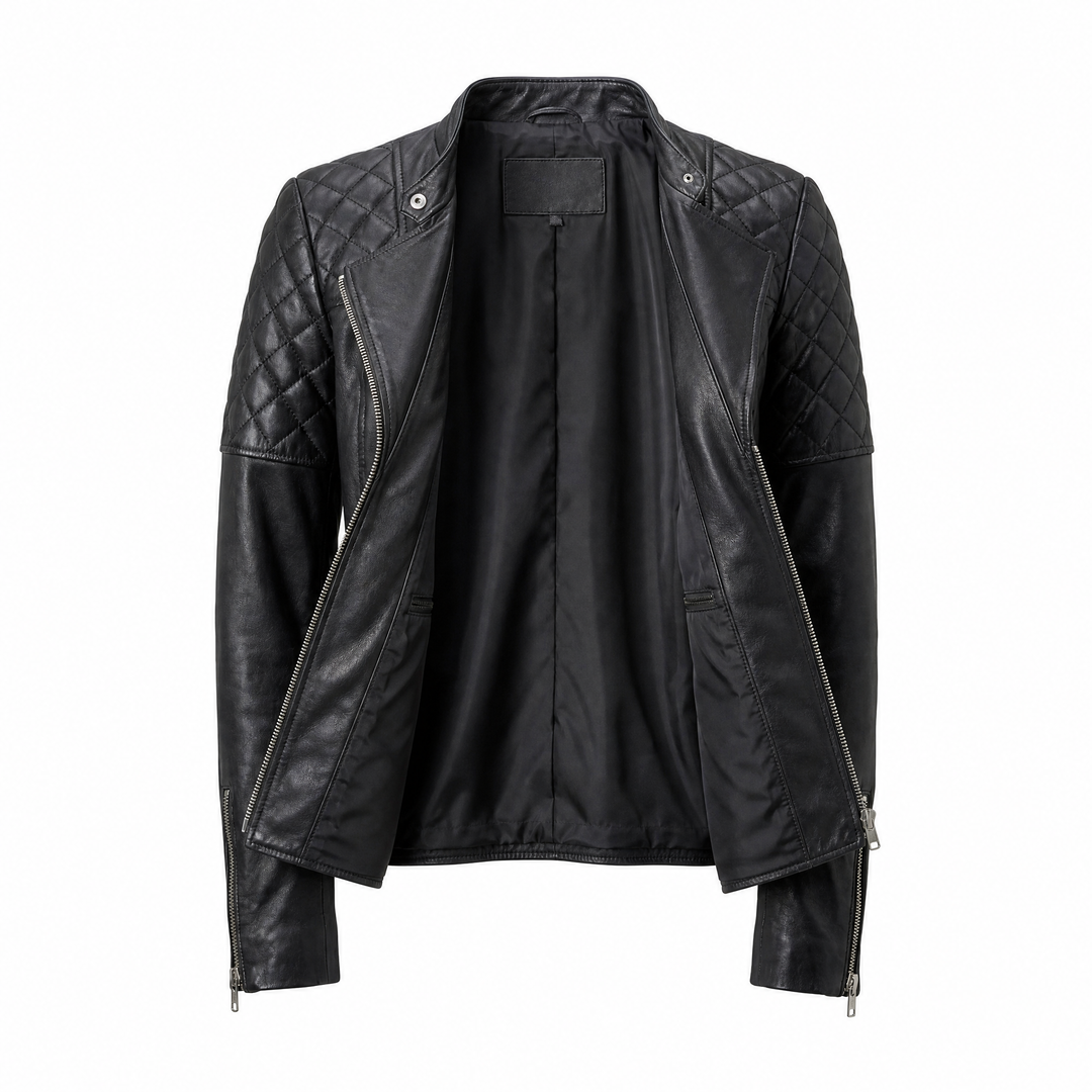 Grace | Women's Stylish Quilted Leather Moto Jacket - open view