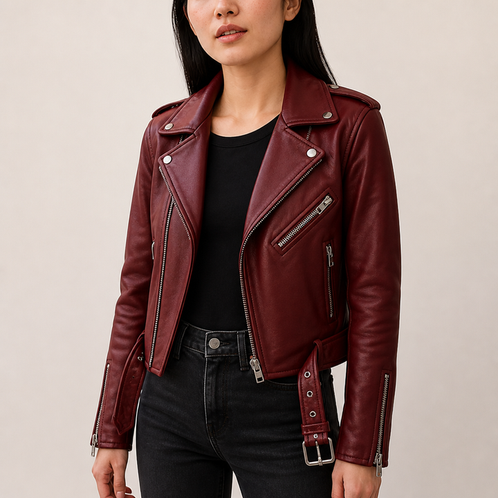 Woman wearing a burgundy faux leather biker jacket with an asymmetric zip and waist belt