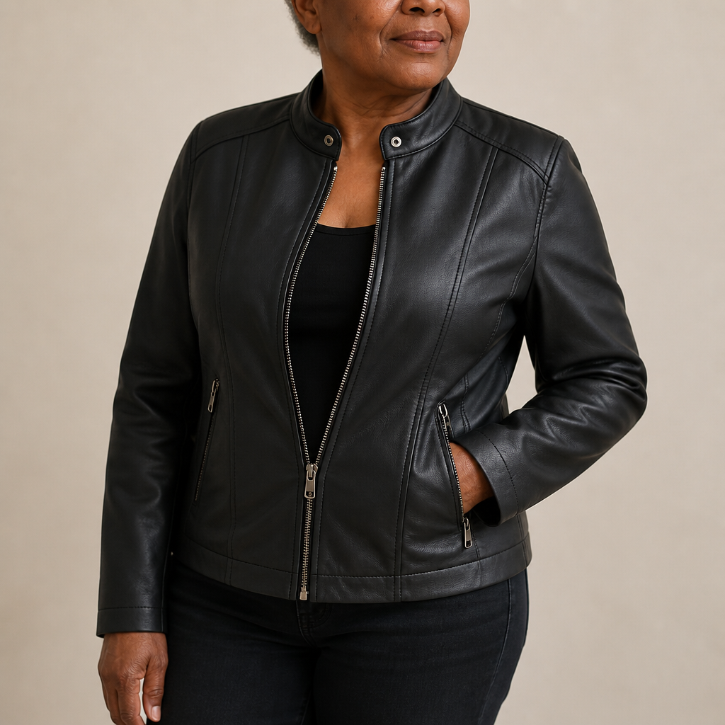 Woman wearing a fitted black faux leather moto jacket with a stand collar