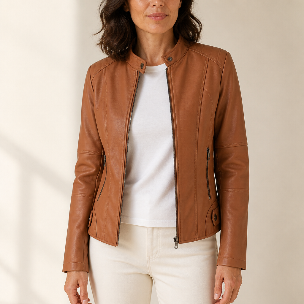 Woman wearing a tan faux leather moto jacket with a stand collar and zip front