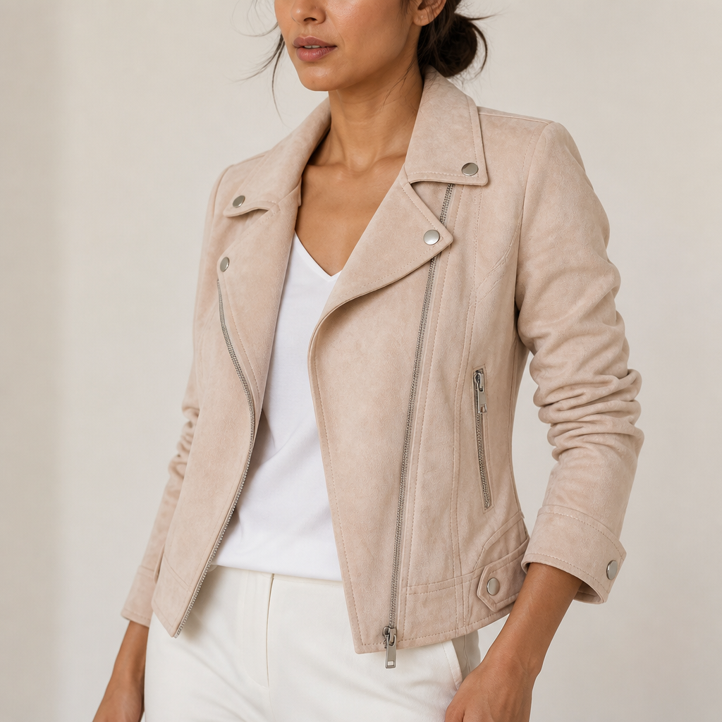 Woman wearing a beige faux suede moto jacket with an asymmetric zip